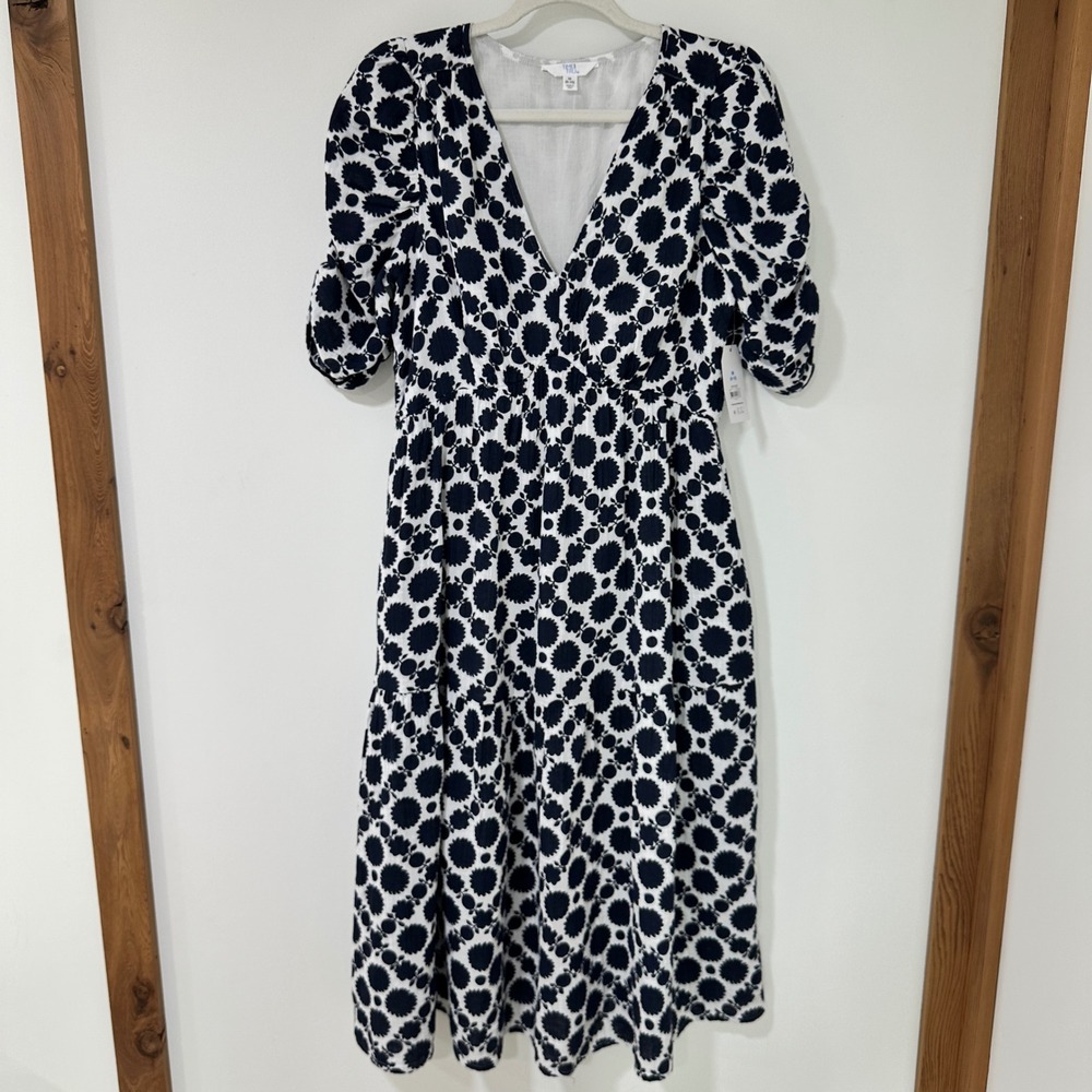 Cotton Gauze Midi Dress Women Size M 8-10 Navy White Dot Tile Floral Classic